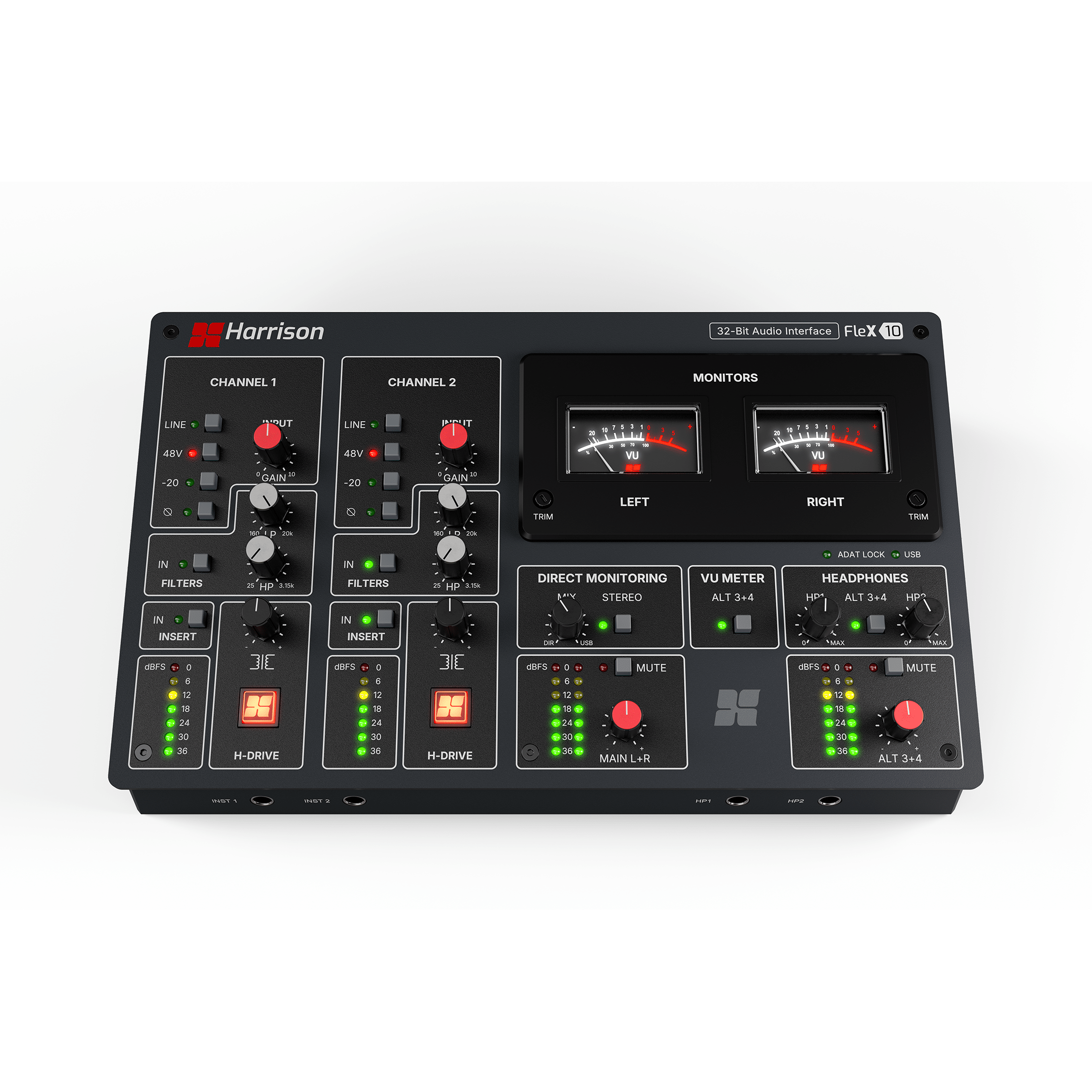 Harrison Audio Flex 10 - vista superior de la interfaz de audio