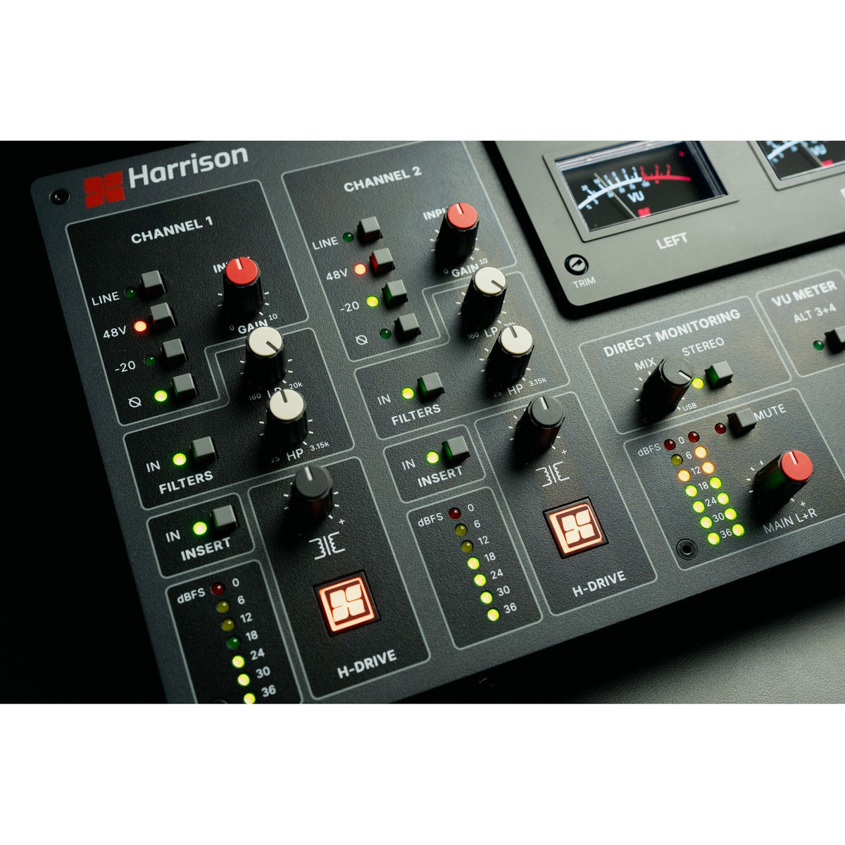 Harrison Audio Flex 10 - detalle de conexiones y controles