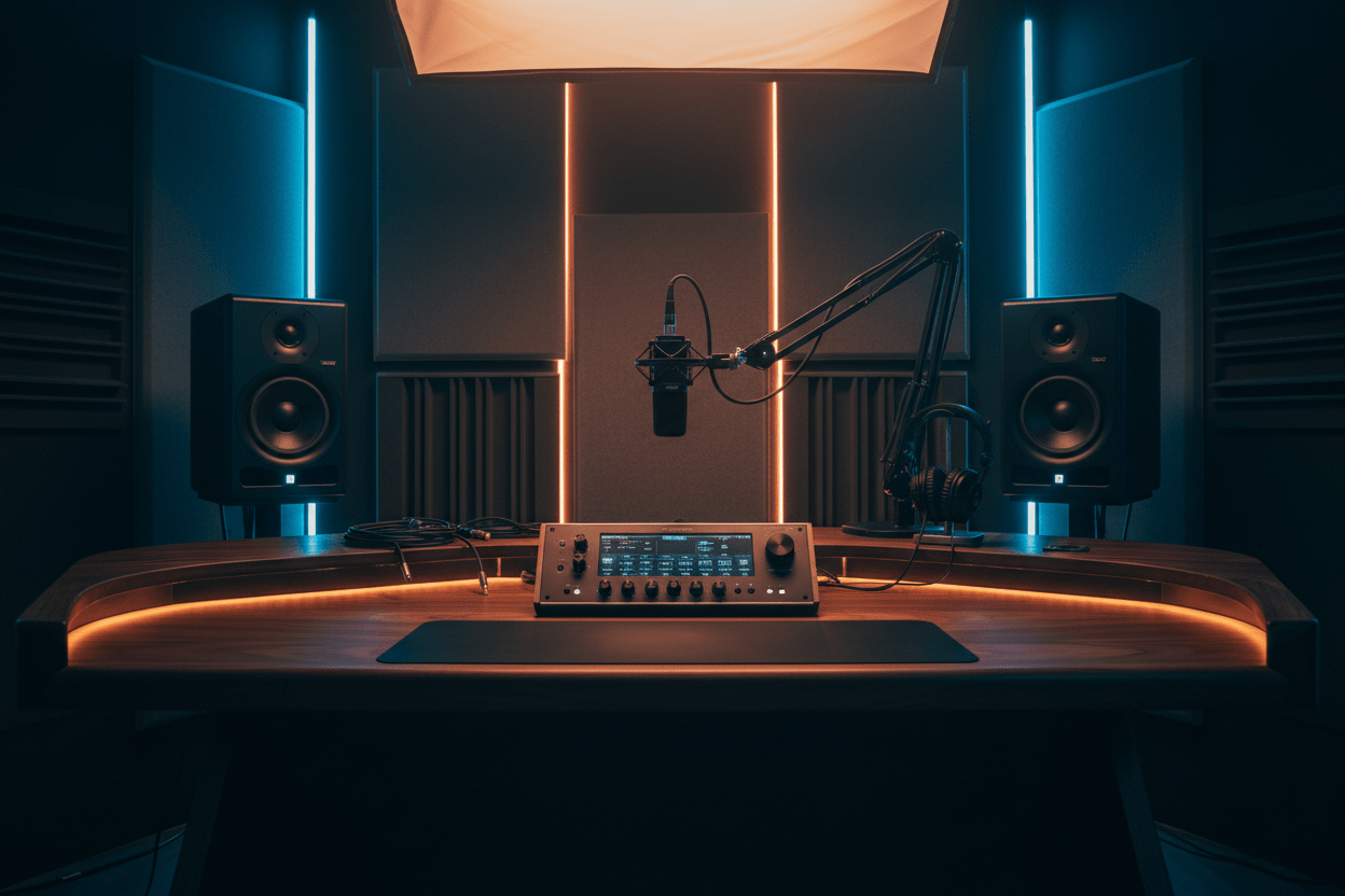 Ingeniero de sonido trabajando con interfaces de audio profesionales