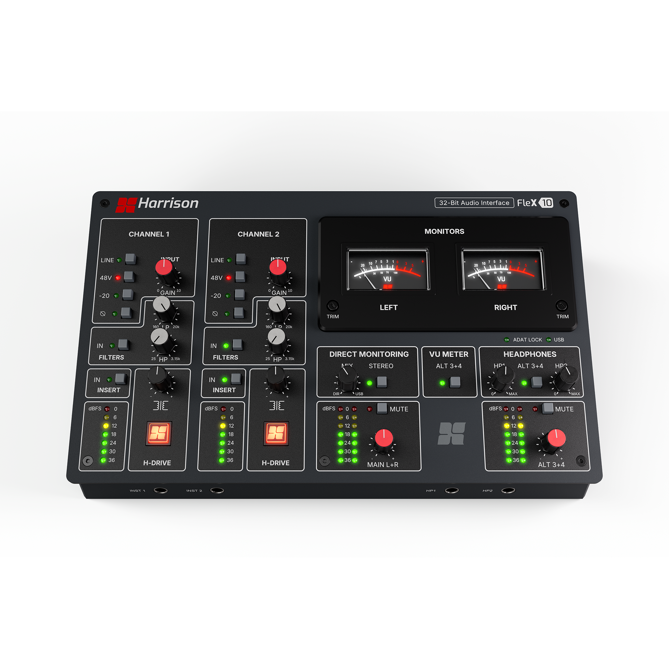 Harrison Audio Flex 10 - vista superior de la interfaz de audio