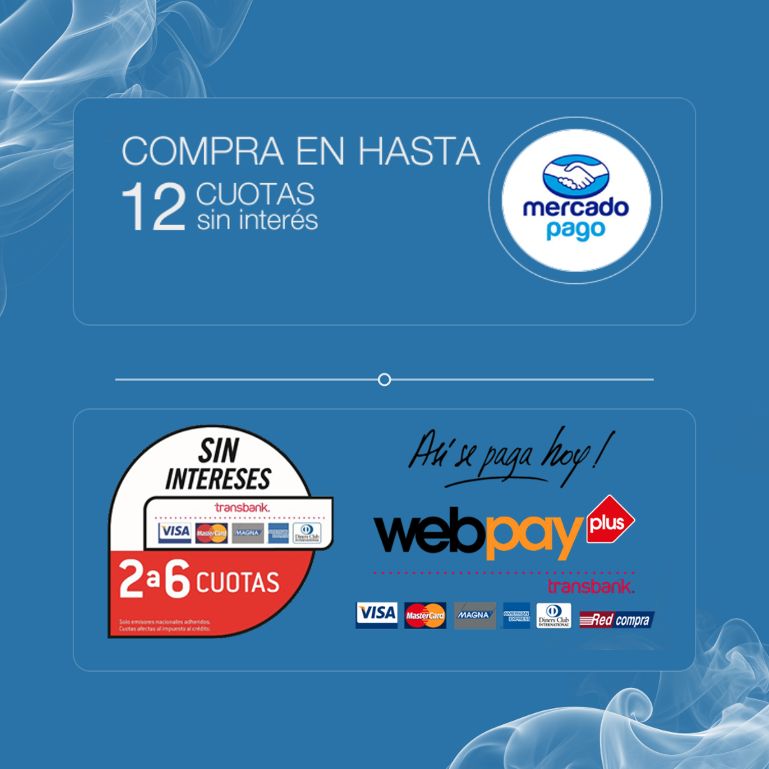 Opciones de pago centradas: Mercado Pago hasta 12 cuotas y Webpay de 2 a 6 cuotas sin interés
